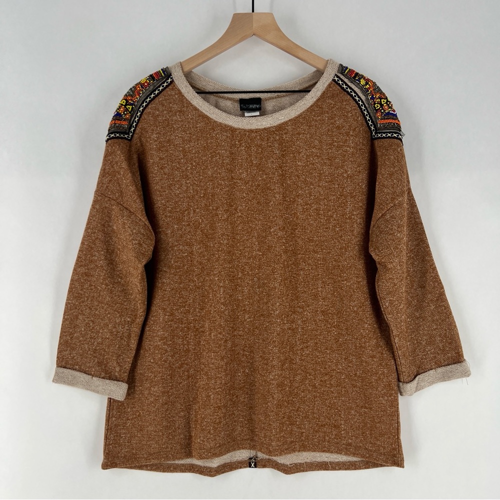 Daytrip Beaded Embellished Shoulders Heathered Knit 3/4 Sleeve Dolman Top L